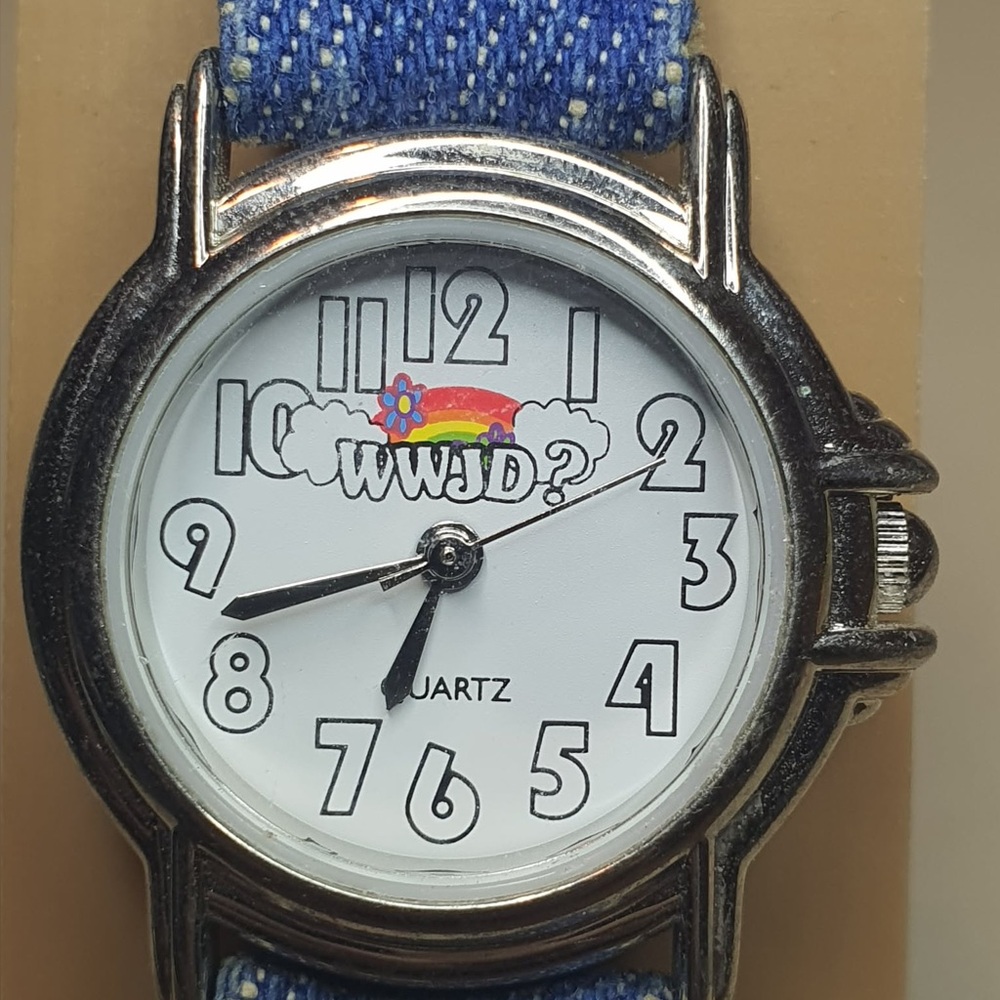 🦋10/$20🦋 Nelsonic WWJD? Silver/White Denim Women's Watch